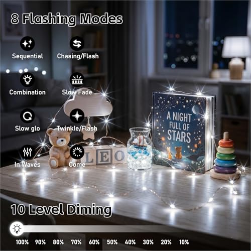 8 Pack Rechargeable LED Fairy Lights 7Ft 20LED Battery Operated with Remote, DIY Timer & 8 Modes, Mini Twinkle String Lights for Indoor Christmas Wedding Mason Jar Bedroom Party Table (White) - color: White