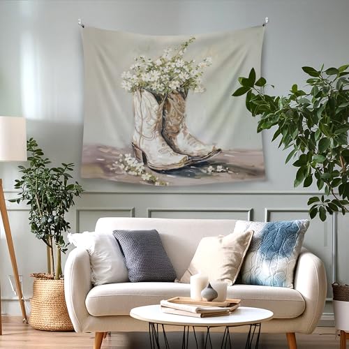 WAITPI Boho Western Cowgirl Hanging Wall Tapestry for Bedroom, Boho Western Floral Cowgirl Boots Girly Wall Hanging Decor Tapestry for Girls Room Dorm Apartment, 50x60in