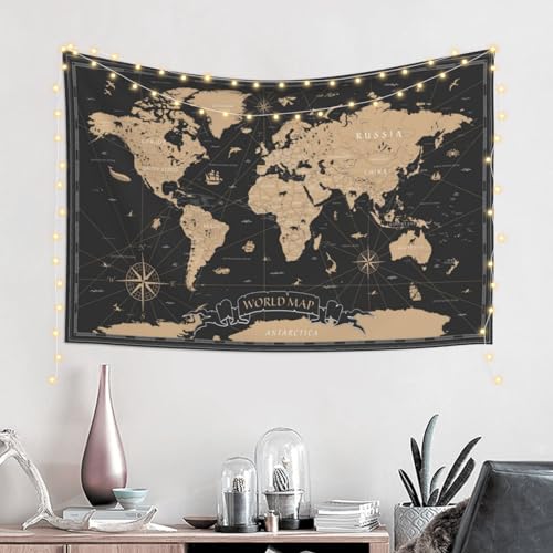 MOUNDHONG Retro World Map Black Tapestry Wall Hanging, Art Tapestry Retro Wall Art Large Wall Tapestries for Bedroom College Dorm Living Room Decor 24 x 24 in - color: World Map - 1, size: 24"L x 42"W