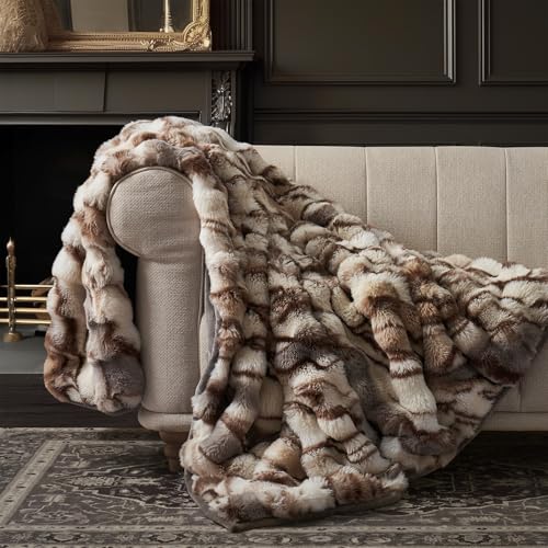 EverGrace Ultra Soft Luxury Fluffy Faux Rabbit Fur Throw Blanket, Thick Warm Bubble Throw for Bed, Cozy Plush Reversible Blankets for Couch, Chair, Sofa, Beige & Gray, 50x60 Inches - color: Marble Beige & Grey Chocolate, size: 50"x60"