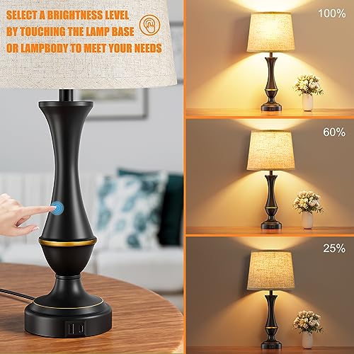 Seealle Upgraded Touch Lamps for Night Stands Set of 2 - Bedside Lamps with USB C+A, 3 Way Dimmable for Bedroom Living Room End Tables Office - color: A. Beige Shade & Black Base, size: Medium（22 In）