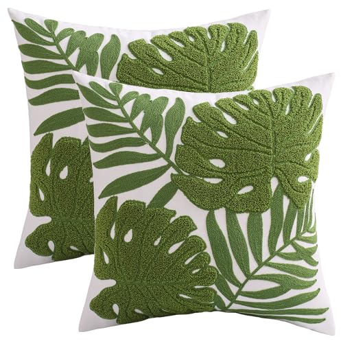 Embroidered Throw Pillow Covers 18x18 Pack of 2 Green Botanical Tropical Leaf Pillow Covers Beach Ocean-Themed Decorative Cushions Case Farmhouse Boho Plant Tufted Pillowcases for Summer - color: Green Tropical Leaf, size: 18" x 18" (Pack of 2)