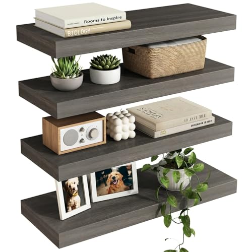 Fixwal 15.7in Floating Shelves, Rustic Wood Finish Wall Shelves Set of 4, Shelves for Wall Decor, with Invisible Brackets for Bathroom, Living Room,Bedroom and Kitchen(Gray) - color: Grey, size: 15.7in
