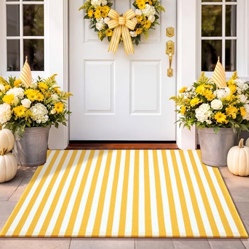 Moucuny Yellow and White Summer Striped Rug 2' x 3' Outdoor Indoor Front Porch Door Mat Polyester Washable Entryway Rug for Kitchen, Bathroom, Living Room, Dorm Farmhouse Decor - color: Yellow and White, size: 2' X 3', style: Vertical Stripe