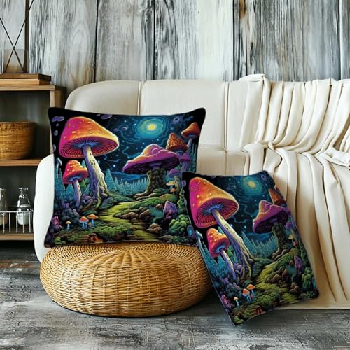 Firmiso Mushroom Throw Pillow Covers 18x18 Set of 2｜Fantasy Forest Decorative Cushion Covers for Couch Sofa Bed｜Boho Cottagecore Fungi Pillow Cases｜Whimsical Woodland Home Decor - color: Boho Mushroom