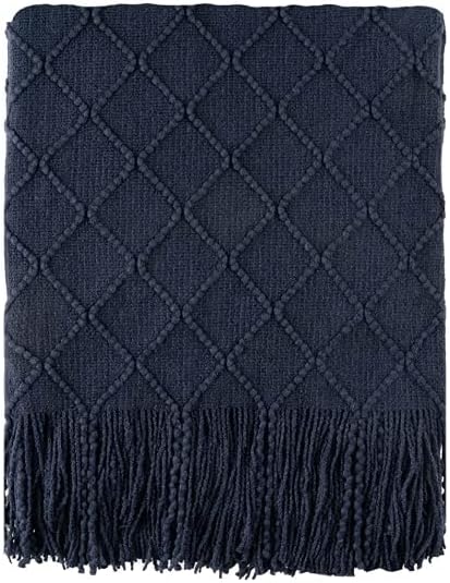 BATTILO HOME Navy Blue Throw Blanket with Fringe, Geometric Bed Blue Throws, Spring Decorative Large Throw for Couch Sofa Indoor Outdoor, 52"x80"