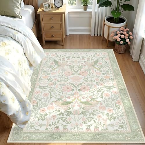5'x7' Area Rugs Washable,Green Rug for Living Room Bedroom,Large Boho Farmhouse Bohemian Botanical Distressed Oriental Carpet Non Slip,Sage Floral Bird - color: Green Floral Bird, size: 5'x7'