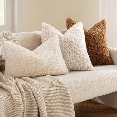 MIULEE Pack of 2 Faux Fur Throw Pillow Covers 18x18 Inch Neutral Light Beige Boucle Decorative Sherpa Pillow Covers Fuzzy Accent Soft Sheepskin Fleece for Boho Home Decor Couch Living Room Bed - color: Neutral Light Beige, size: 18" x 18" (Pack of 2)