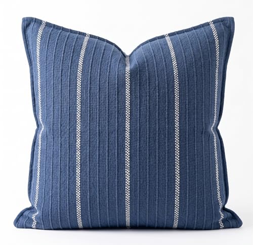 SanVia Cotton Throw Pillow Covers 20x20 – Handwoven Jacquard Texture, Fade-Resistant, No Pilling – Hidden Zipper, Decorative Cushion Cover for Sofa, Couch, Bed – Insert Not Included (Striped, Blue) - color: Navy Blue, size: 20" x 20"