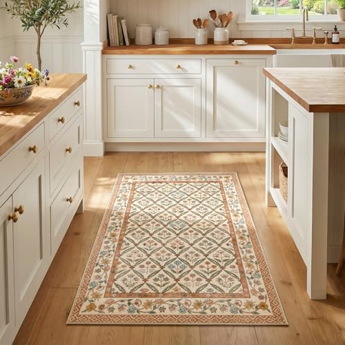 jinchan Haden Accent Rug 3x5 Vintage Floral Washable Rug for Bedside Entryway Soft Non-Slip Low Pile Small Carpet for Girls Dorm Small Living Room Cottage Indoor Decor Terracotta - color: Terracotta, size: 3' x 5' (Rectangular)