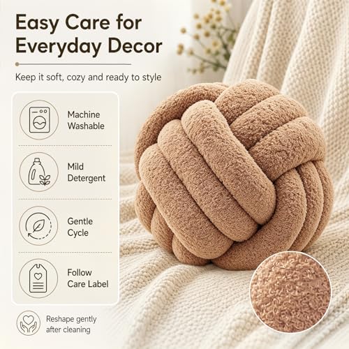 Petrella Khaki Knot Pillow Ball, Handmade Soft Lambswool Round Throw Pillow for Chair, Couch and Earth Tone Room Decor, Small Decorative Pillows, Knotted Accent Cushion, 8 Inch - color: Khaki, size: 8inch