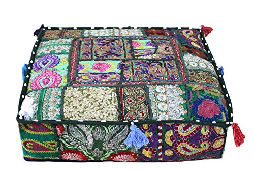 CRAFT KALA Indian Square Patchwork Traditional Pouf Cover Indian Living Room Poufs Decorative Embroidered Designer Ottoman Home Footstool Chair Cover Decor Pillow Cover 22x22x5 inches, Dark Green - color: Dark Green, size: 22"D x 22"W x 5"H