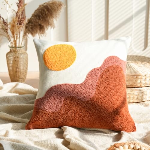 Tufted Boho Textured Accent Throw Pillow Covers 18x18,Soft Mid Century Decorative Art Minimalist Geometric Sun Throw Pillowcases for Couch Sofa Bedroom Living Room,1PC - color: Brown，yellow