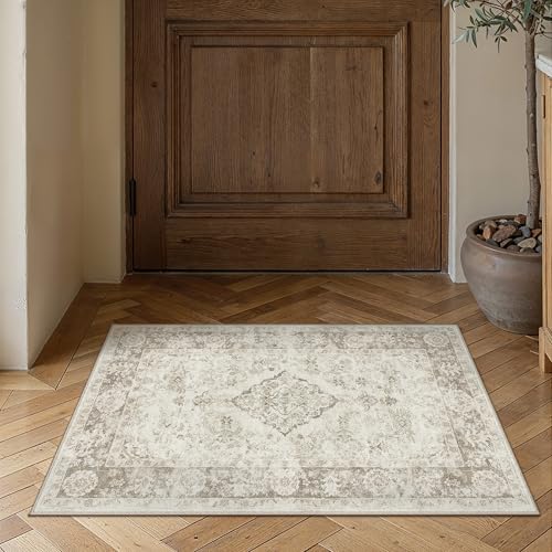 PureCozy Beige 2x3 Washable Area Rug for Living Room Neutral Vintage Floral Medallion Soft Small Door Mat Low Pile Non Slip Distressed Indoor Office Carpet for Bedroom Dining Room Nursery - color: Beige/Cream, size: 2' x 3' (Rectangular)