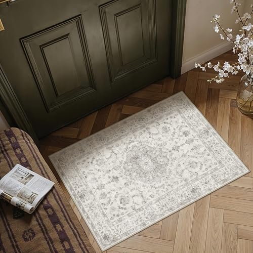 PureCozy 2x3 Area Rug Gray Washable Vintage Entryway Door Mat Carpet Small Non Slip Soft Low Pile Thin Kitchen Bathroom Retro Accent Throw Rug Entrance Bedroom Office Living Room - color: Retro Gray, size: 2' x 3' (Rectangular)
