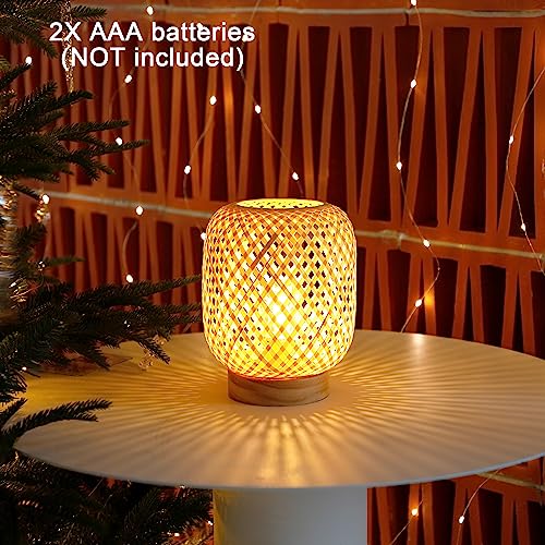 LUSHARBOR Rattan Lamp, Cordless Boho Lamp Battery Operated, Table Lamp with LED Bulb, Handmade Bamboo Beside Lamp Small Rattan Lamp, Decorative Battery Lamp for Kids Room Entryway - Grid - style: GRID