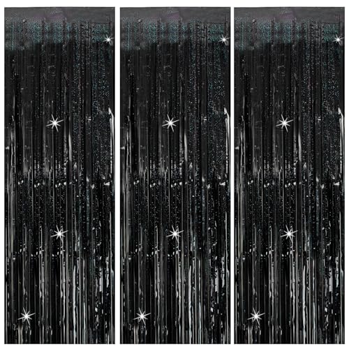 3 Pack Black Party Streamers Backdrop Tinsel Foil Fringe Curtains Halloween Party Decorations Birthday Wednesday Party Decorations Graduation Halloween Decor Party Supplies - color: Black