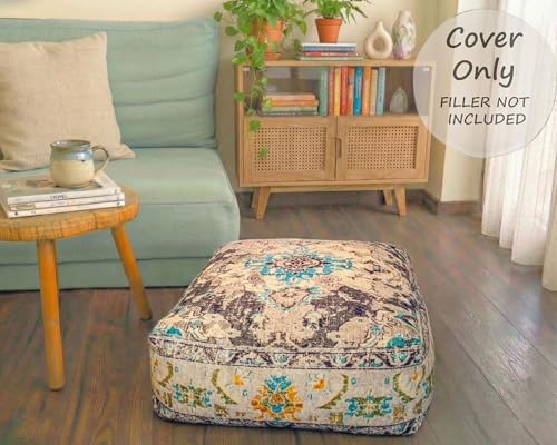 Mandala Life ART Boho Floor Cushion Cover Gray Square Moroccan Pouf Ottoman Pillow for Meditation Yoga and Boho Chic Low Seating Area Cotton 24x8 Unstuffed - color: Grey