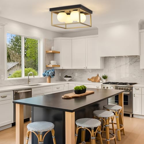Flush Mount Ceiling Light, 12.6” Close to Ceiling Light Fixtures with Globe Glass Shade, 4-Light Black and Gold Light Fixture for Living Room Dining Room Bedroom Kitchen Hallway Entryway - color: Black and Gold