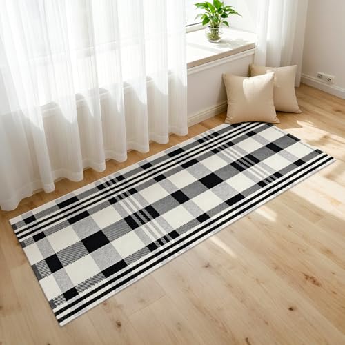 Buffalo Plaid Rug 2x6 Ft Black and White Runners for Hallways Washable Checkered Rug Cotton Kitchen Runner Carpet Runner Rugs for Entryway Bedroom Living Room Farmhouse Runner Rug - color: Black and White Checkered Rug, size: 2‘×6’