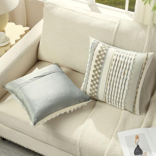 FUTEI Pack of 2 Boho Chenille Decorative Throw Pillow Covers 20x20 Inch Soft Plush Tufted Striped Textured Cushion Case,Farmhouse Accent for Couch Bed Living Room, Grey Brown - color: Grey+brown, size: 20" x 20" (Pack of 2)