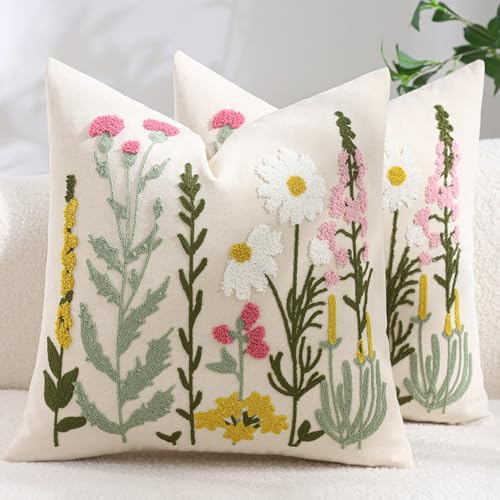 Embroidered Throw Pillow Covers 18x18 Pack of 2 Floral Decorative Pillow Covers Daisy Flowers Tufted Pillowcases Farmhouse Pillow Cushion Cases Square Pillow Case Summer Home Decor - color: Floral Daisy