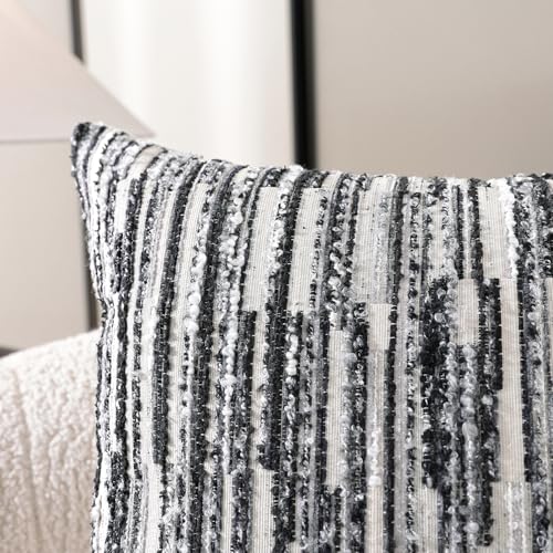 Striped Throw Pillow Covers 18x18 Set of 2 Black Textured Boucle Chic Morden Boho Accent Farmhouse Decorative Chenille Pillow Covers for Home Decor Bed Sofa Living Room - color: Black, size: 18" x 18" (Pack of 2)