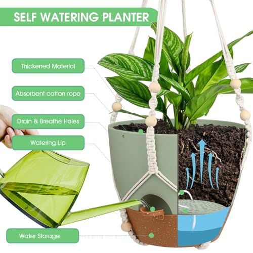 Hanging Planters for Indoor Outdoor Plants, 2 Pack Self Watering Hanging Pot with Drainage Holes, Removable Tray & 2 Kinds of Plant Hangers, 10'' Hanging Flower Pots for Home Garden Decor, Green - color: Ivory+black+green, size: 10''