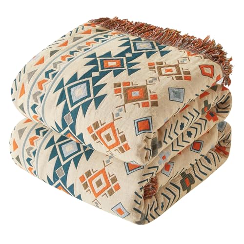 Bailix Boho Throw Blanket for Couch Sofa Bed, 100% Cotton Woven Quilt with Tassel 80”x90”, Super Soft Muslin Blanket with Patchwork Printed, Decorative Reversible Bed Blanket/Cover for All Seasons - color: H - Diamond, size: Queen/Full-80" X 90"