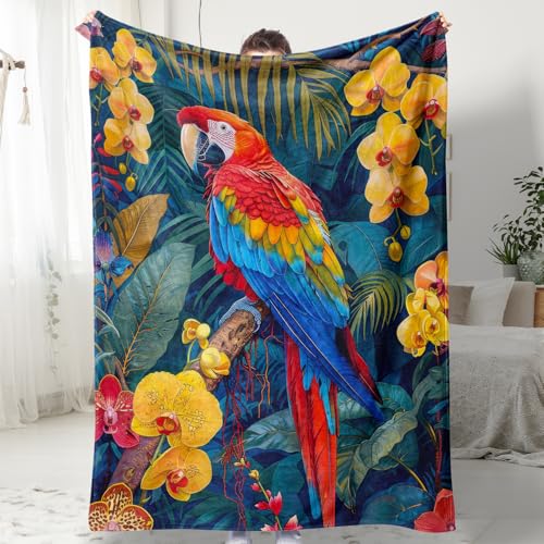 Parrot Bird Throw Blanket Gifts for Women Tropical Floral Plant Blankets Animal Macaw Print Bed Blanket Soft Cozy Flannel Fleece Throw Blanket for Couch Bed 50” x 60” - color: Parrot, size: 50" X 60"