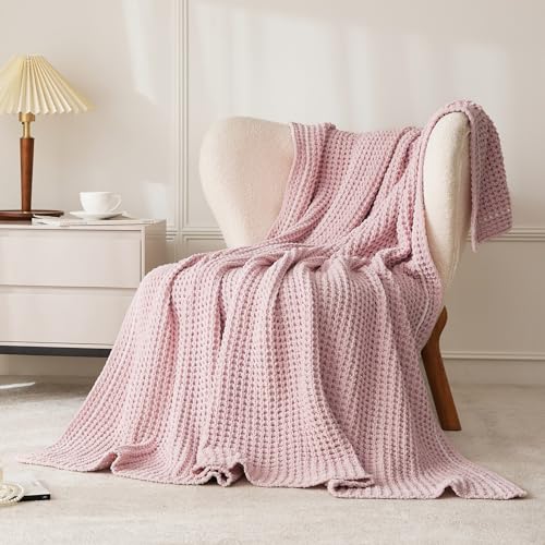 WESHIONGOO Pink Throw Blanket for Couch Soft Knit Throw Blanket with Chenille Yarn Non-Shedding, Chenille Blanket for Living Room Bed Sofa (50"*60") - color: Pink