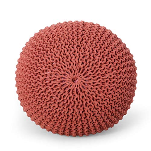Round Boho Pouf Ottoman - Cable Knitted Cord Boho Pouffe - Stuffed Poof Accent Beanbag Footrest for Living Room - Nursery - Bedroom - Covered Patio - Study Nook (20"x20"x13") (Coral) - color: Coral