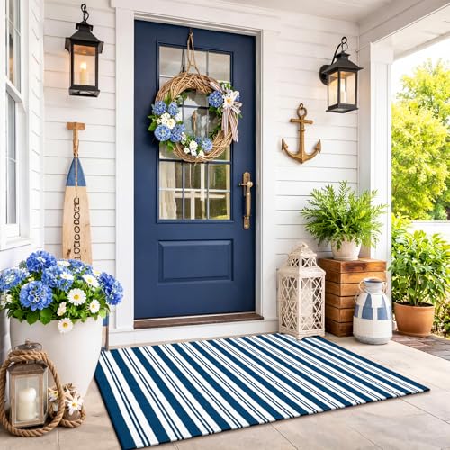Moucuny Navy Blue and White Striped Outdoor Rug, 2'4'' x 3'7'' Nautical Beach Front Porch Rug Navigation Welcome Layering Doormat for Entryway Entrance Patio Decor - color: Steel Blue and White, size: 2'4'' X 3'7'', style: Vertical Stripe