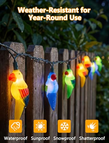 8.5Ft Parrot Outdoor String Lights, LED Tropical Themed Patio Lights with 10 Multicolor Birds Lights, Plug in Hanging Fairy String Lights for Backyard Summer Camp Window Decor Gift - color: Multicolor Parrot