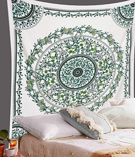 ANJANIYA Floral Wall Hanging Boho Tapestry, Mandala Dorm Décor Tapestry for Room, Beach, Wall, Psychedelic Hippie Wall Hanging Décor and Beach Coverlet Curtain (Green White, 54"X60") - color: Green White, size: 60"L x 54"W