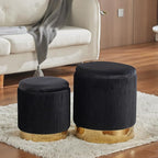 Round Ottoman with Storage Set of 2 Upholstered Velvet Vanity Stool for Living Room Storage Ottomans Multifunctional Foot Rest (Black with Bottom Gold)