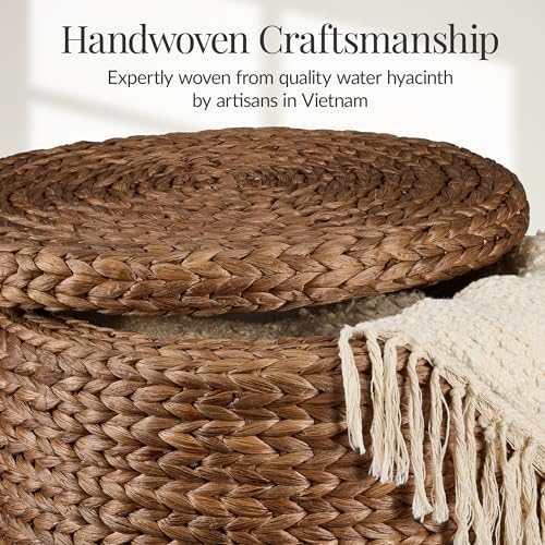 Best Choice Products 17" Round Storage Ottoman W/Lid, Handwoven Water Hyacinth Footstool, Footrest w/Wooden Legs, Accent Side Table, Storage Container, Plant Stand - Chestnut - color: Chestnut