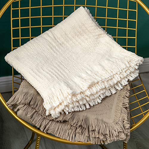 GLORY SEASON 100% Cotton Throw Blanket in Cream Jacqard Weave Fabric with Fringe Soft All Season Cover for Bed Couch and Living Room Sofa,Chair 50x60 Inches - color: Cream