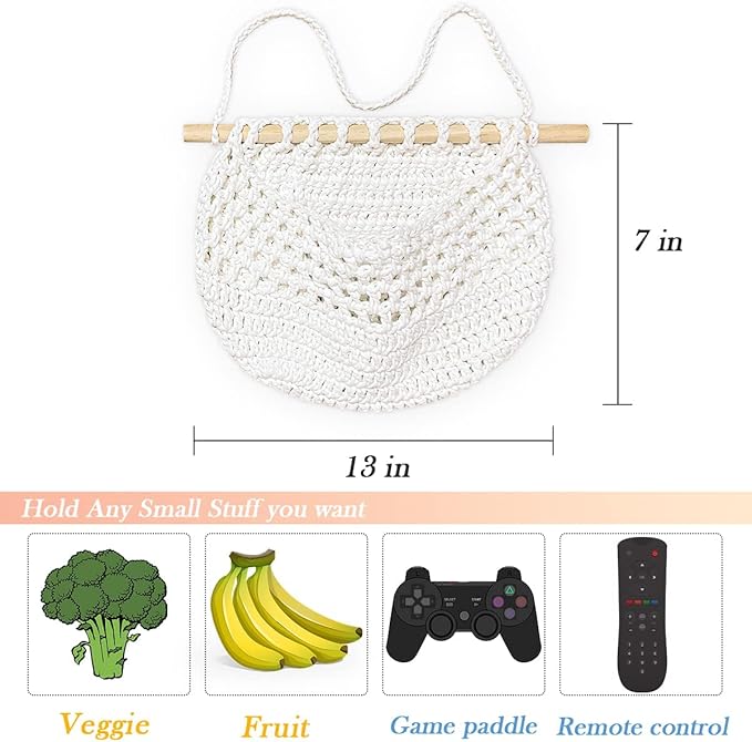 Hanging Fruit Basket Handmade Boho Cotton Rope Wall Hanging Basket Over Door Storage Woven Baskets for Kitchen and Bedroom to Store Any Small Stuffe (1, white)