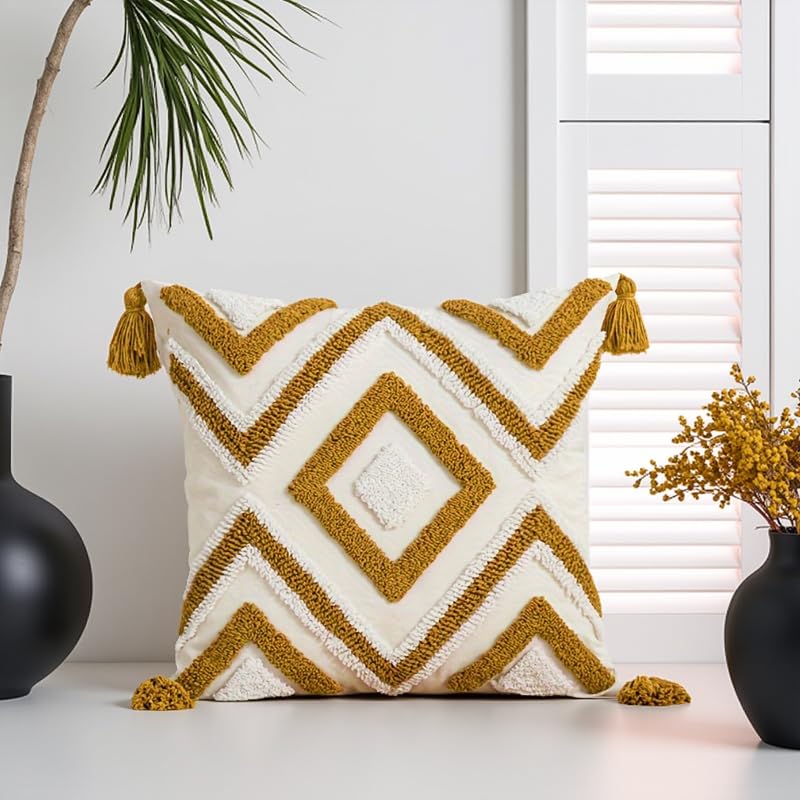 Andreannie Pack of 2 Boho Tufting Throw Pillow Cover Embroidered Textured Cushion Cover with Tassels Soft Home Decororative for Couch Sofa 18x18 inch (Yellow) - color: Yellow