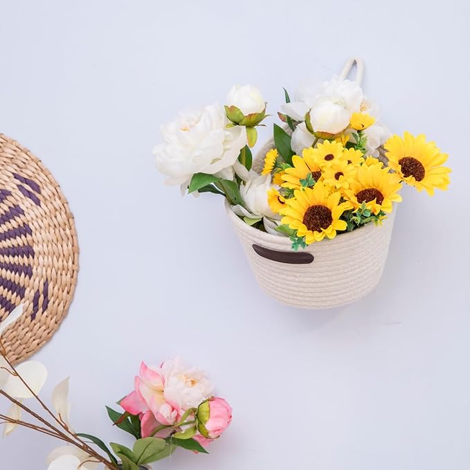 JJSQ 2pack Hanging Baskets Small Wall Hanging Storage Basket Round Woven Rope Wall Oganzier Decor for Flower Plants, Key Storage White 7.8 x 7 inches