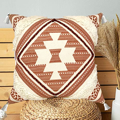 Alysheer Boho Tufted Decorative Throw Pillow Cover with Tassels Fringe 18''x18'', Cotton Velvet Reversible Woven Bohemian Style Cushion Case for Sofa Couch Living Room Gifts (Burnt Orange)