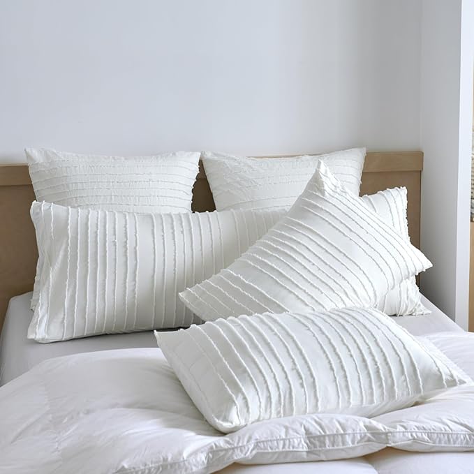 Standard Pillow Shams 2 Pack, Standard Size Pillowcases, Soft Microfiber Geometric Striped Tufted Pillow Covers with Envelope Closure, Ivory, 20x26 Inches