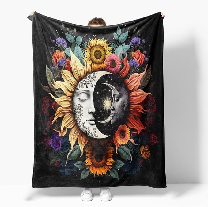 Celestial Sun Moon Flannel Blanket Boho Mid Century Day and Night Throw Blanket Farmhouse Colorfl Sunflower Throw Blanket Bed Blanket Yellow Flowers Plush Blanket for Bedroom Decor 50"x60"