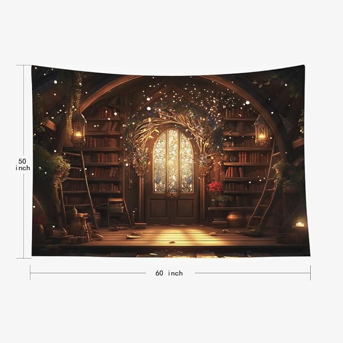 EMMTEEY Magic Library Bedroom Tapestry 60X50 Inch - Bookshelf Living Room Wall Decor Medieval Gothic Backdrop for Students Women