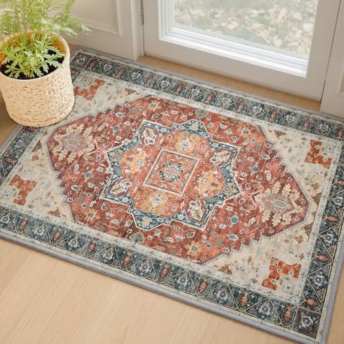MINIDEAR 2x3 Area Rugs for Entryway Kitchen, Washable Rug Small Accent Rugs for Bedroom Non Slip Vintage Rug Thin Carpet Mat for Home, Red - color: 02red, size: 2' x 3' (Rectangular)