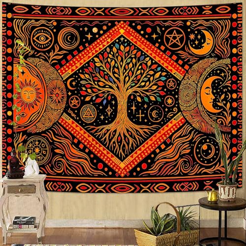 Lunerfex Tree of Life Sun Moon Stars Wall Tapestry, Cosmic Harmony Symbol Tapestries for Home Decor, Mystical Tapestry 80x60 Inch - color: Red Orange, size: 80"L x 60"W