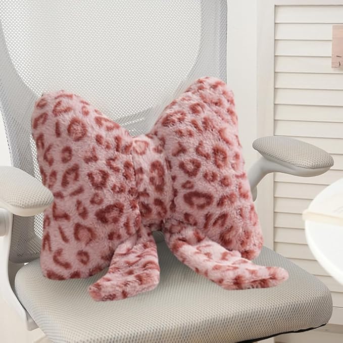 2Pcs Leopard Print Bow Throw Pillow Furry Bow Plush Pillows Cute Flower Plush Pillow Cheetah Home Decor Stuffed Bow Lumbar Pillow for Bed Couch Living Room Decor (Pink, 16in)
