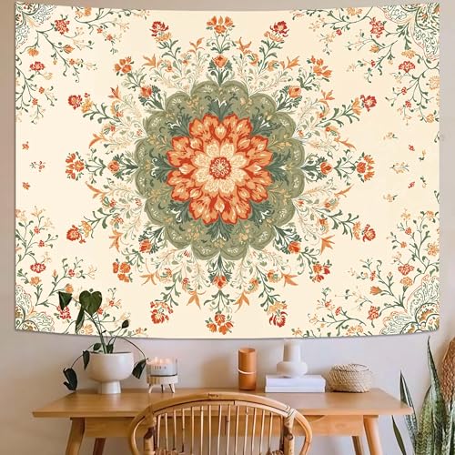 Wegklazax Mandala Floral Tapestry, Bohemian Botanical Wall Art for Room Decor, Vintage Aesthetic Home Decor 80" L x 60" W - color: Ivory Orange, size: 80"L x 60"W