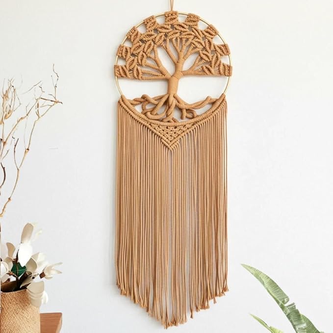 Sylfaen Tree of Life Macrame Wall Hanging - Boho Handmade Woven Tapestry - Dream Catcher Wall Decor Art Living Room - Macrame Tapestry Boho Decor for Bedroom (LightBrown)